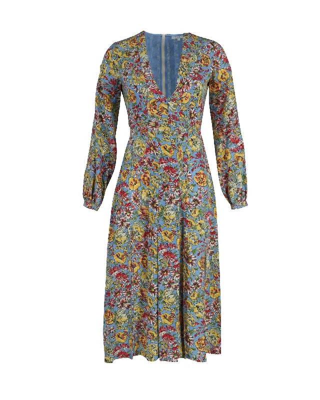 Rixo V-Neck Long Sleeve Midi Dress in Floral Print Silk