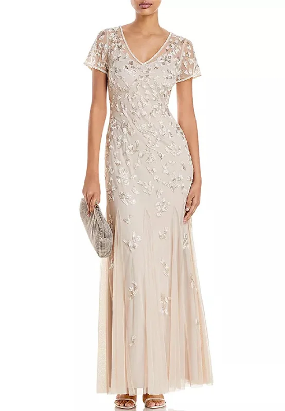 Beige V-Neck Beaded Godet Gown