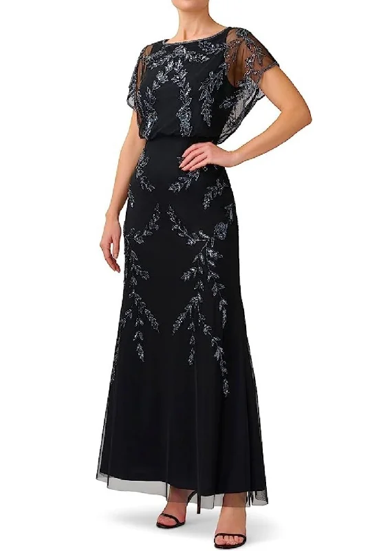 Black Flutter Sleeves Beaded Blouson Gown