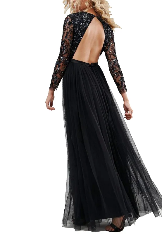 Black Embellished Sheer Sleeves Backless Gown