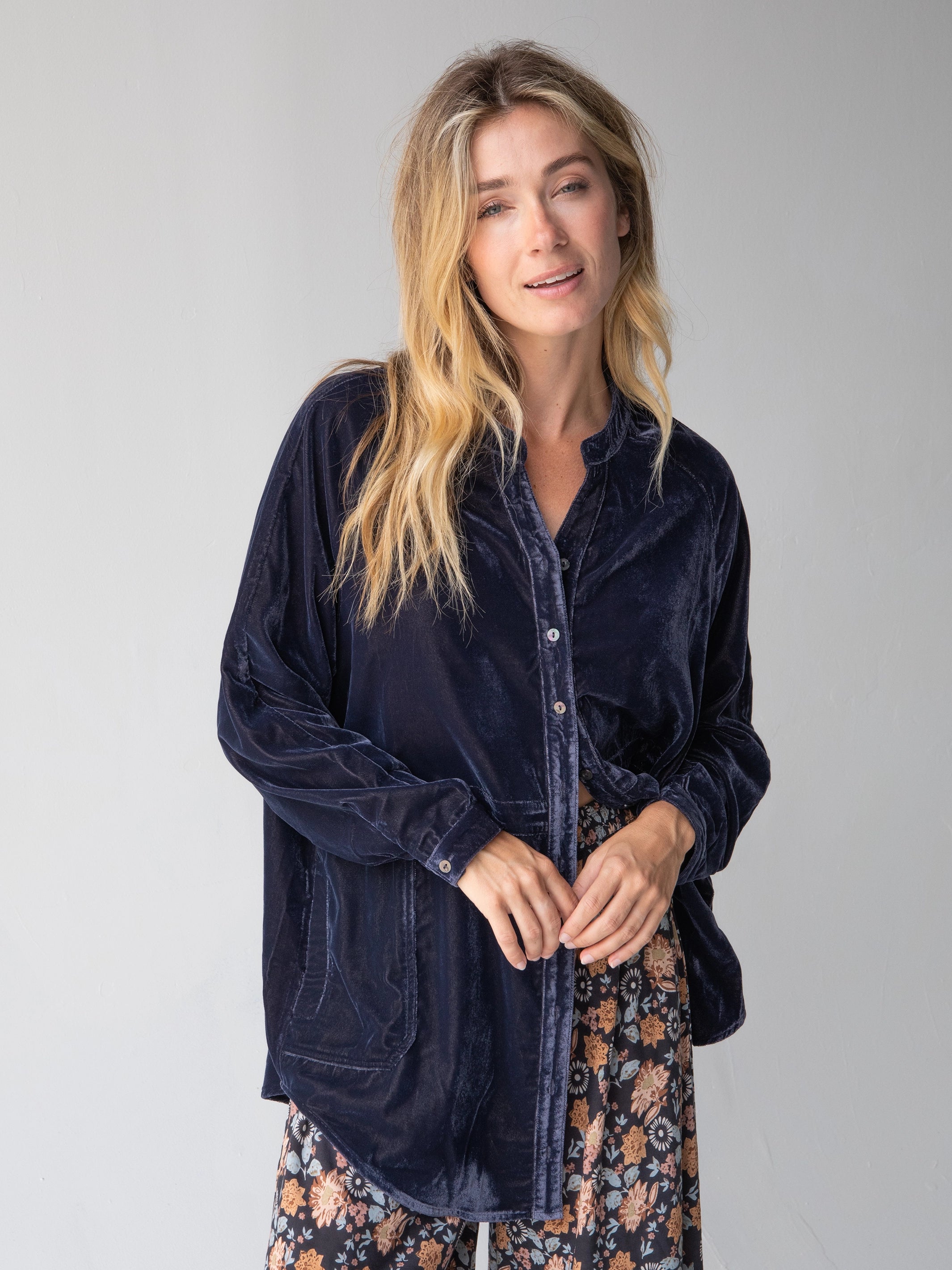 Laid Back Velvet Button Down - Slate Blue