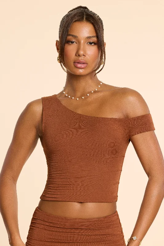 Asymmetric Neck Ruched Modal Cashmere Blend Top in Chestnut Brown