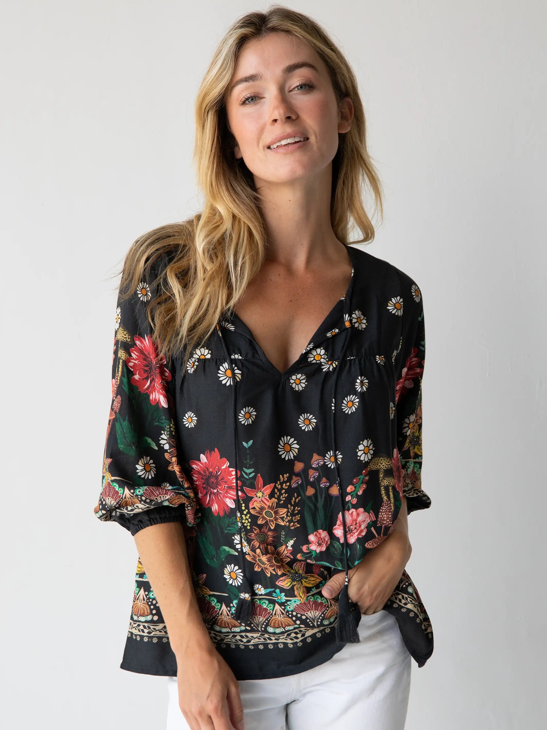 Maribel Top - Black Floral Mushroom